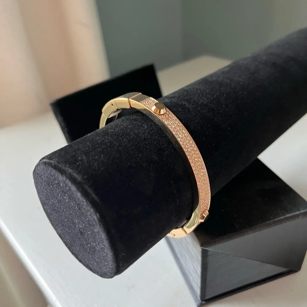 Michael Kors Rose Gold Pave Stone Hinged Bangle/Bracelet Clear Crystals 6.75 In.
